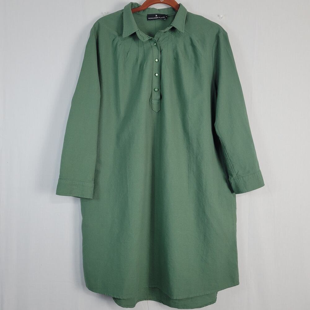Pomander Place Polly Shirt Dress size XL Green Long Sleeve Preppy Earthy Cotton